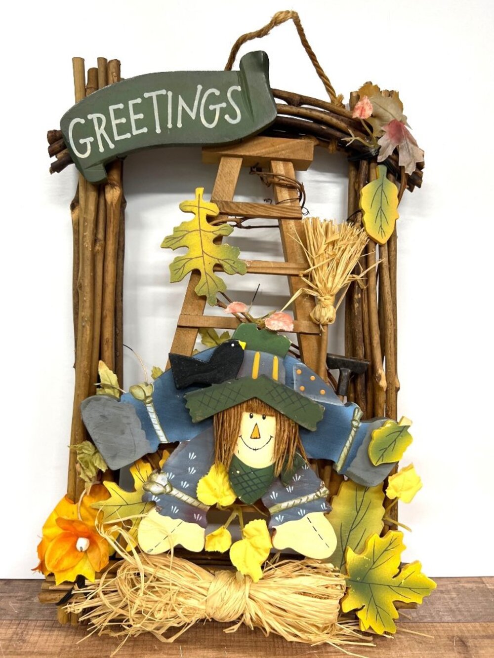 Wooden Scarecrow & Fall-Themed Rustic Wall Hanging With "Greetings" Sign
